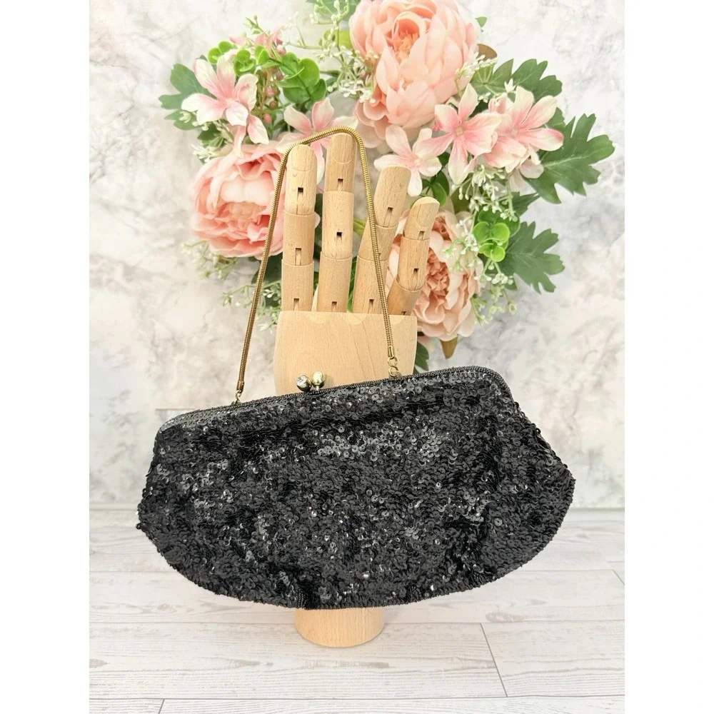 Vtg Magid Black Beaded Clutch Evening Purse Bag Made in Japan With 2 Side Mirror